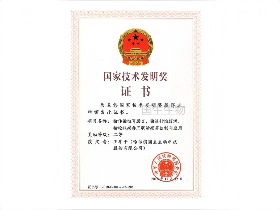 國家技術發明獎證書